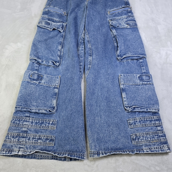 FOREVER 21 Cargo Jeans Womens 27 Blue Flap Pockets Baggy Wide Leg Y2K Grunge - Picture 4 of 11